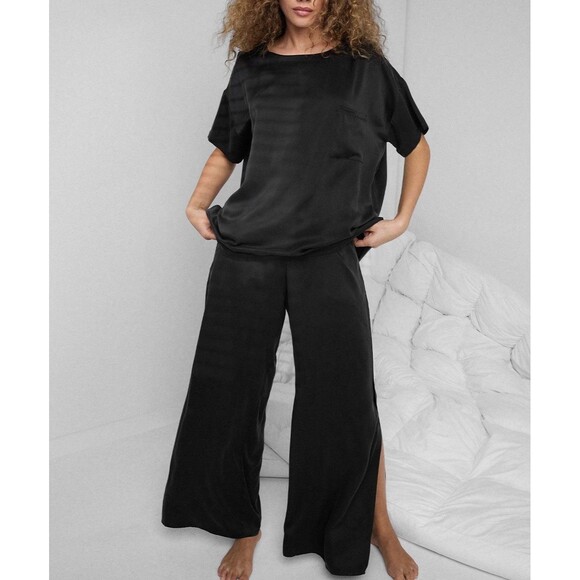 Lunya Black 100% Washable Silk Pajama Pants Short Sleeve Set Oversized Large - Picture 2 of 16